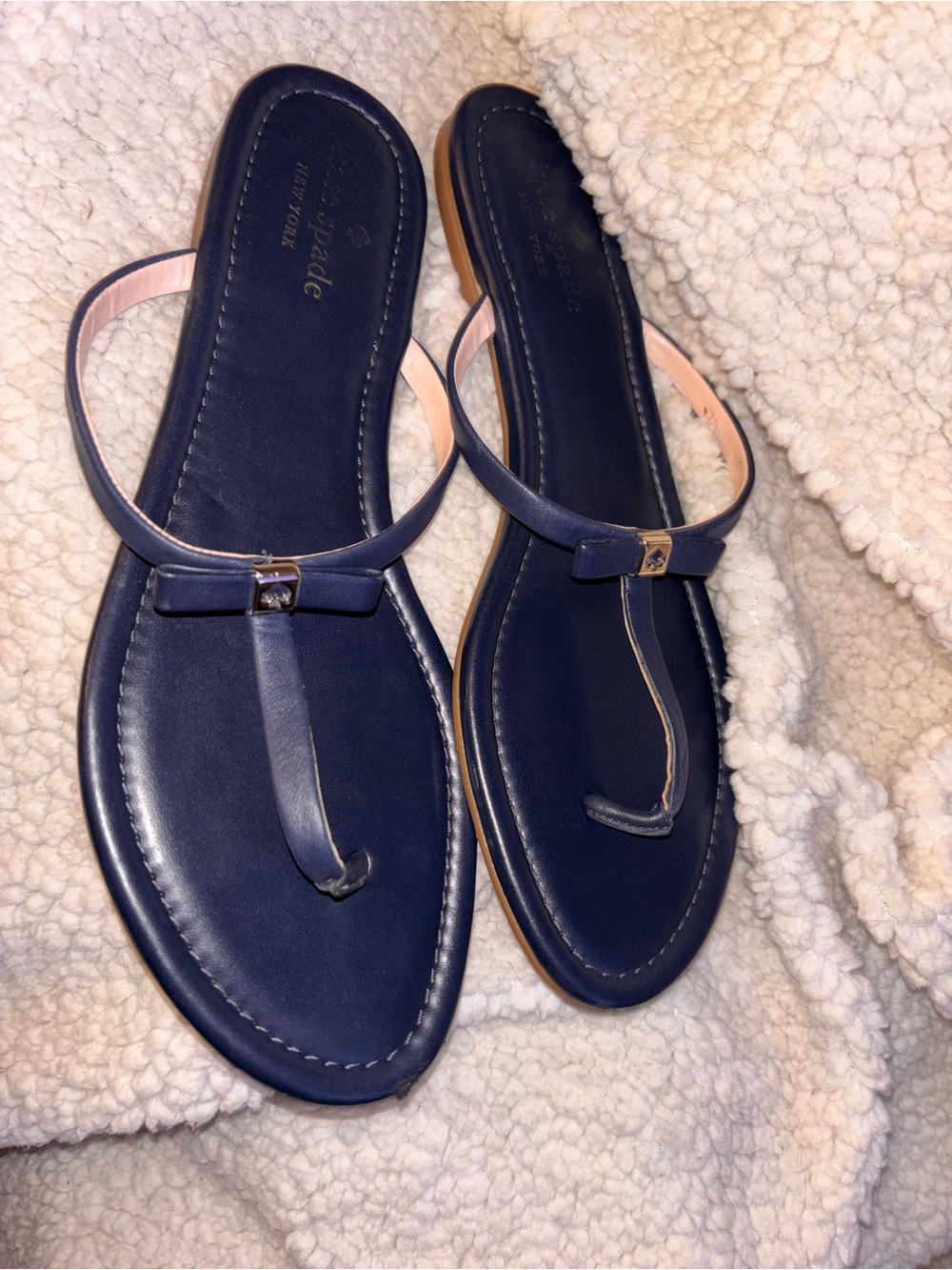 Kate Spade New York Navy Blue Bow T-Strap Thong Sandals Size 10 US